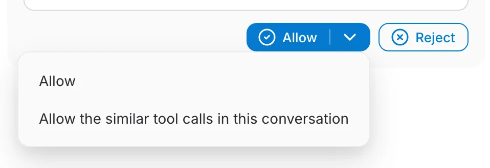 Das Allow-Menü mit „Allow“ und „Allow the similar tool calls in this conversation“