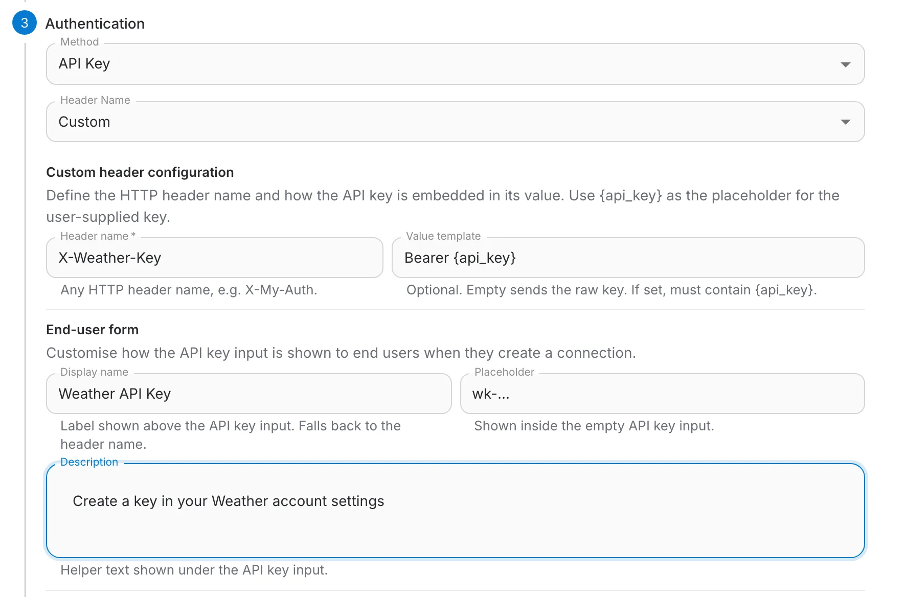 API-Key-Authentifizierung mit eigenem Header und Endbenutzer-Formular