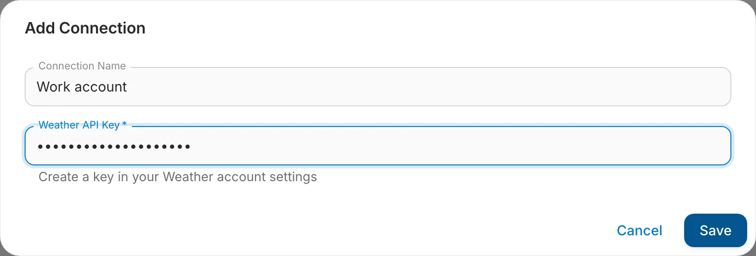 Der Add-Connection-Dialog fragt nach Weather API Key und Account ID