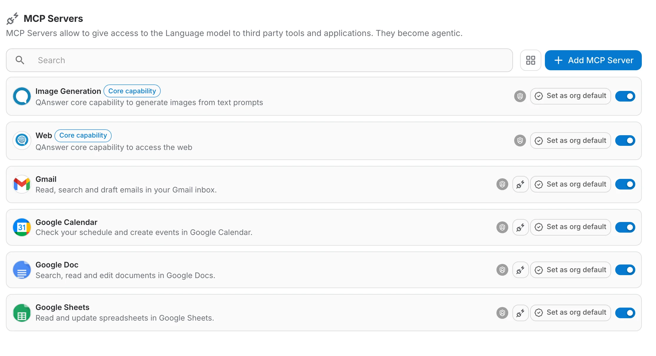 La page MCP de l'organisation avec interrupteurs d'activation et Set as default