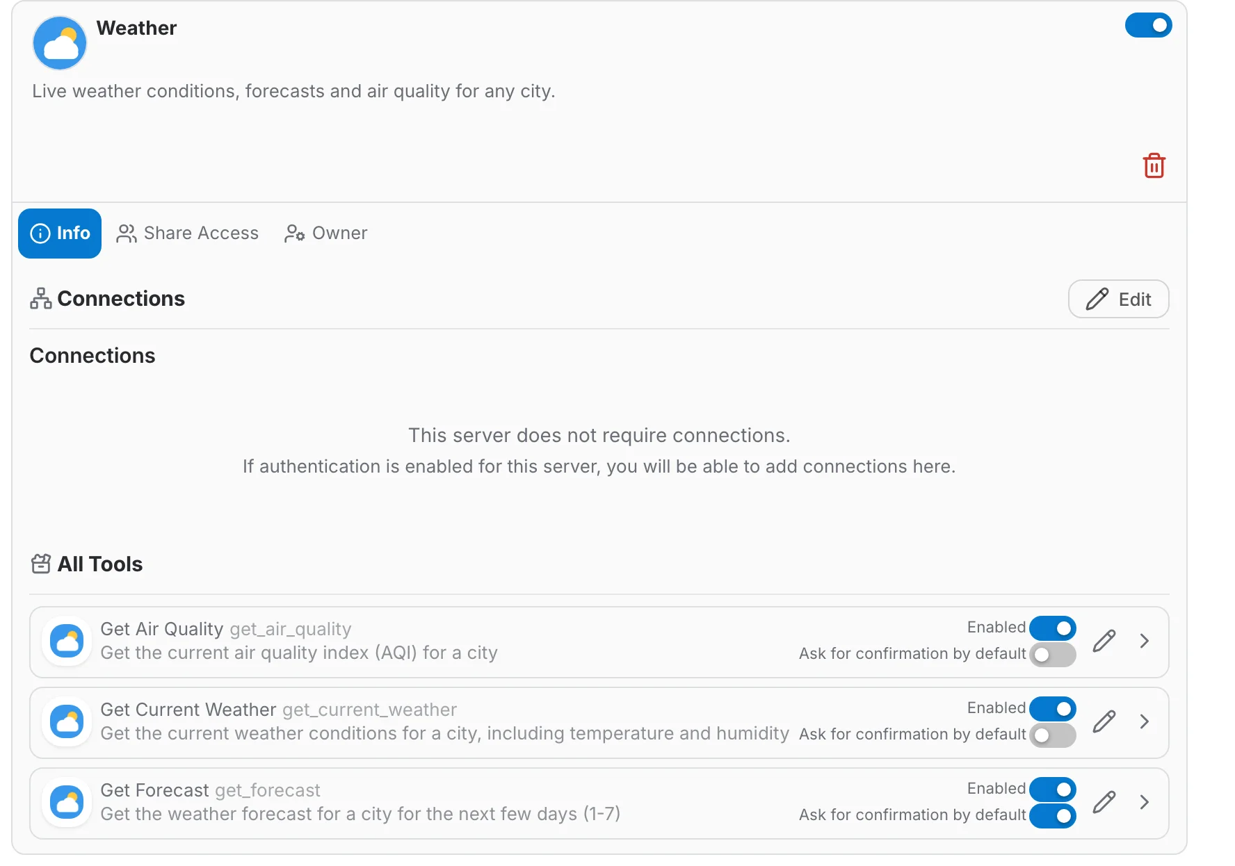 Die Seite des Wetter-Servers mit Tools und Einstellungen pro Tool
