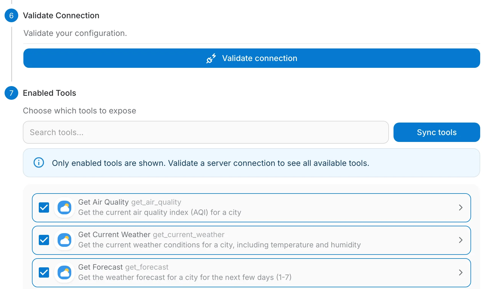 Validate Connection und die synchronisierten Wetter-Tools mit Checkboxen