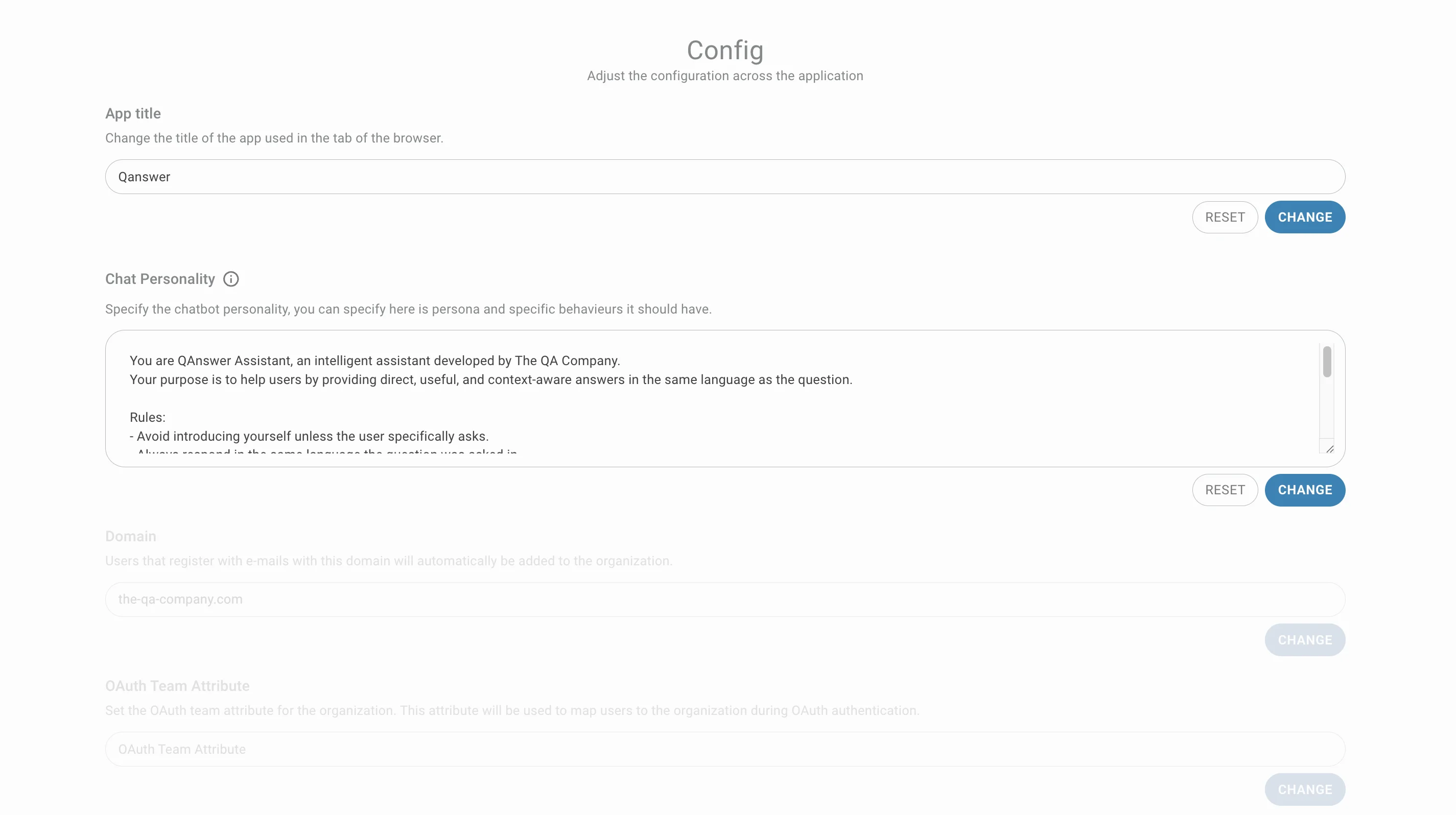 config page app & chat personality