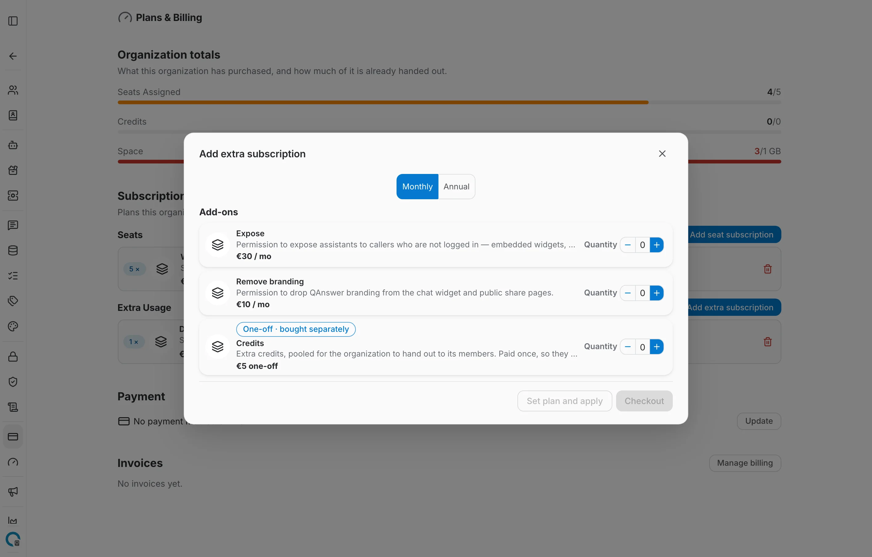Add extra subscription dialog listing the available add-ons