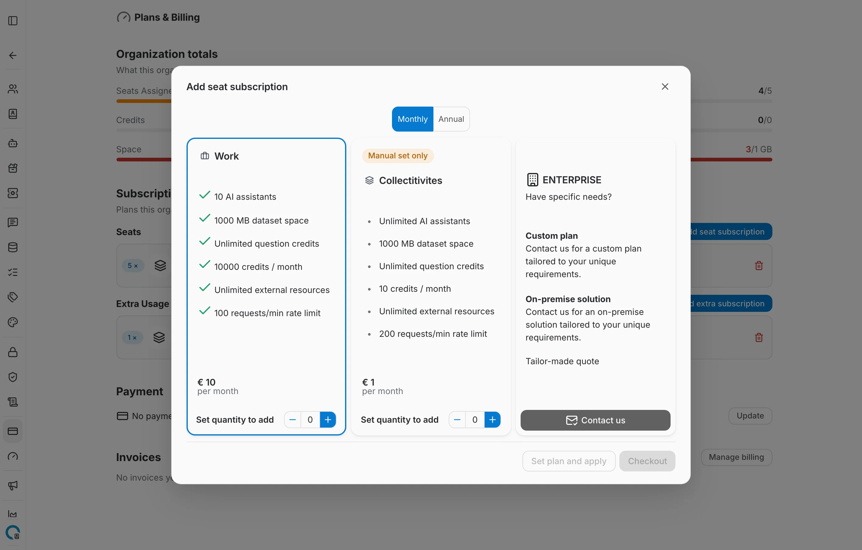 Add seat subscription dialog with the available seat plans