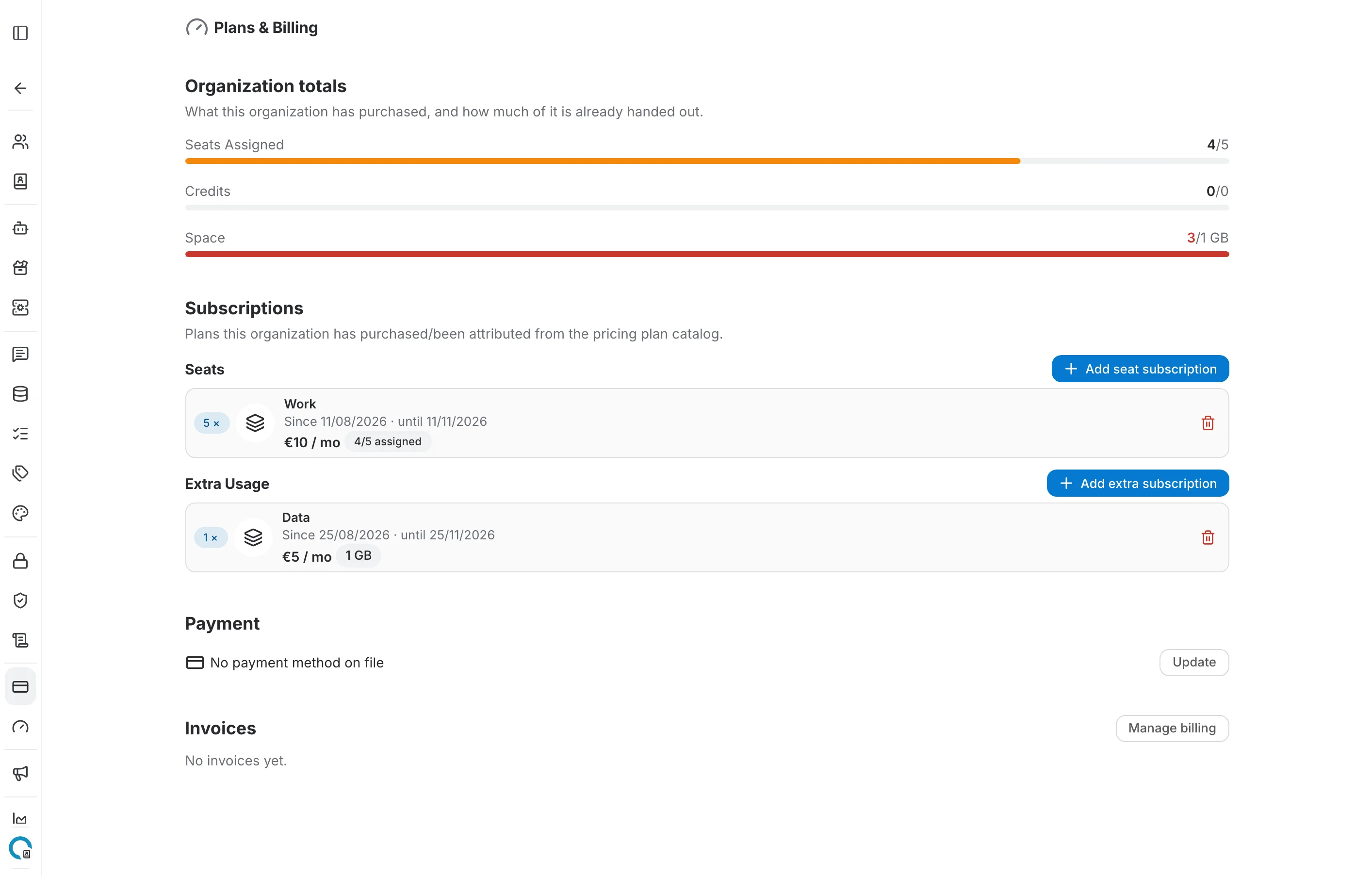 Plans & Billing page with organization totals, subscriptions, payment and invoices