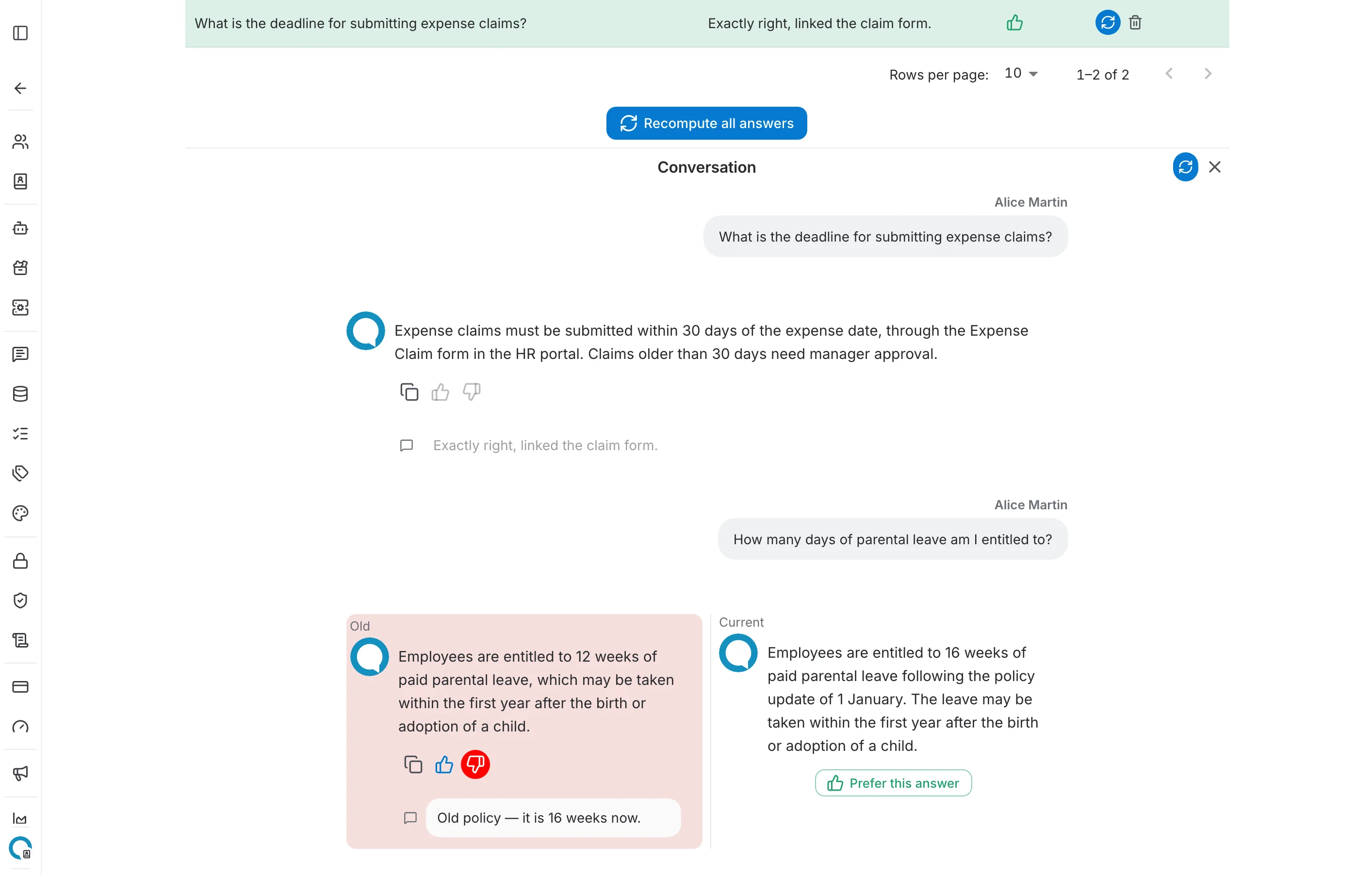 Conversation panel with the flagged answer shown as Old next to a freshly computed Current answer