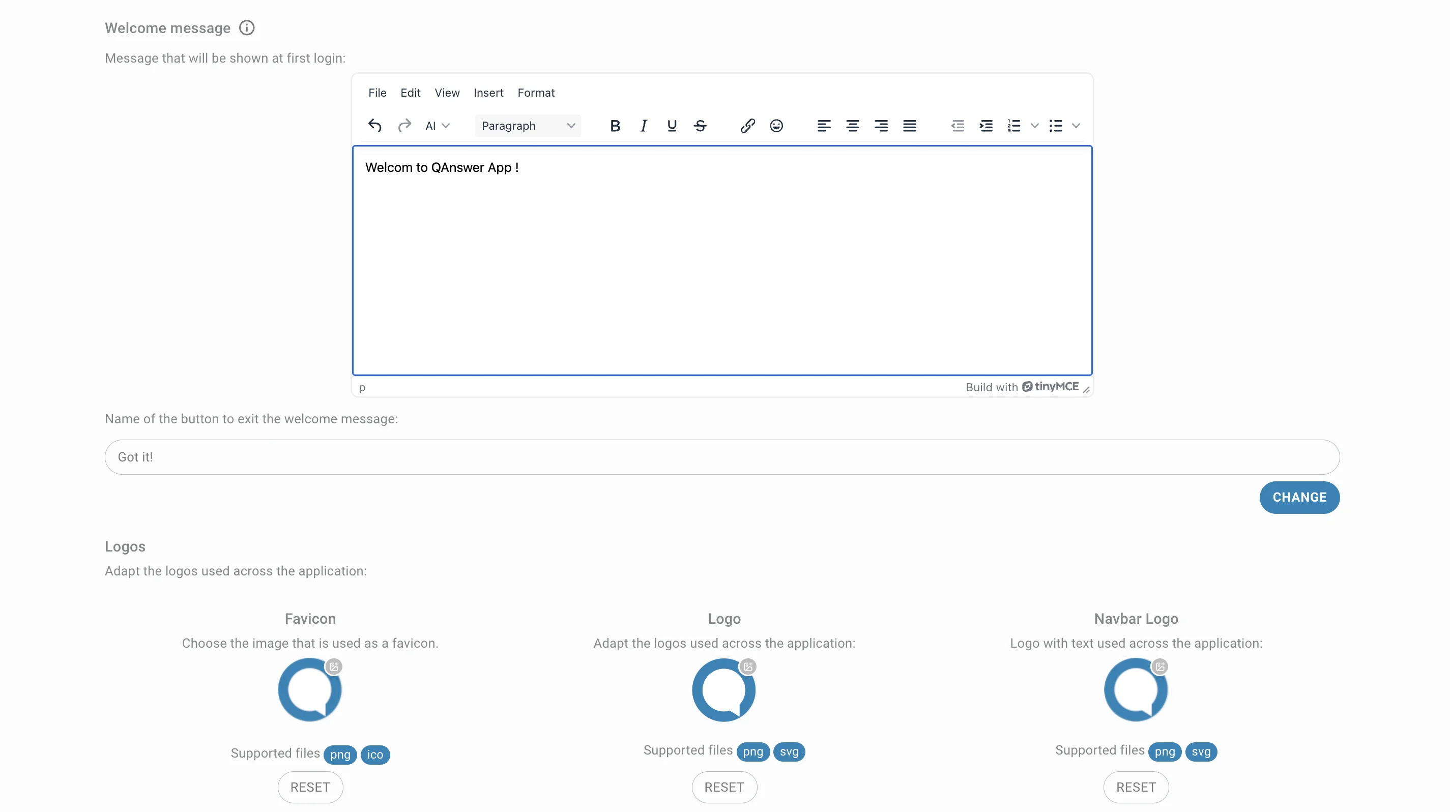 config page initial message & logos
