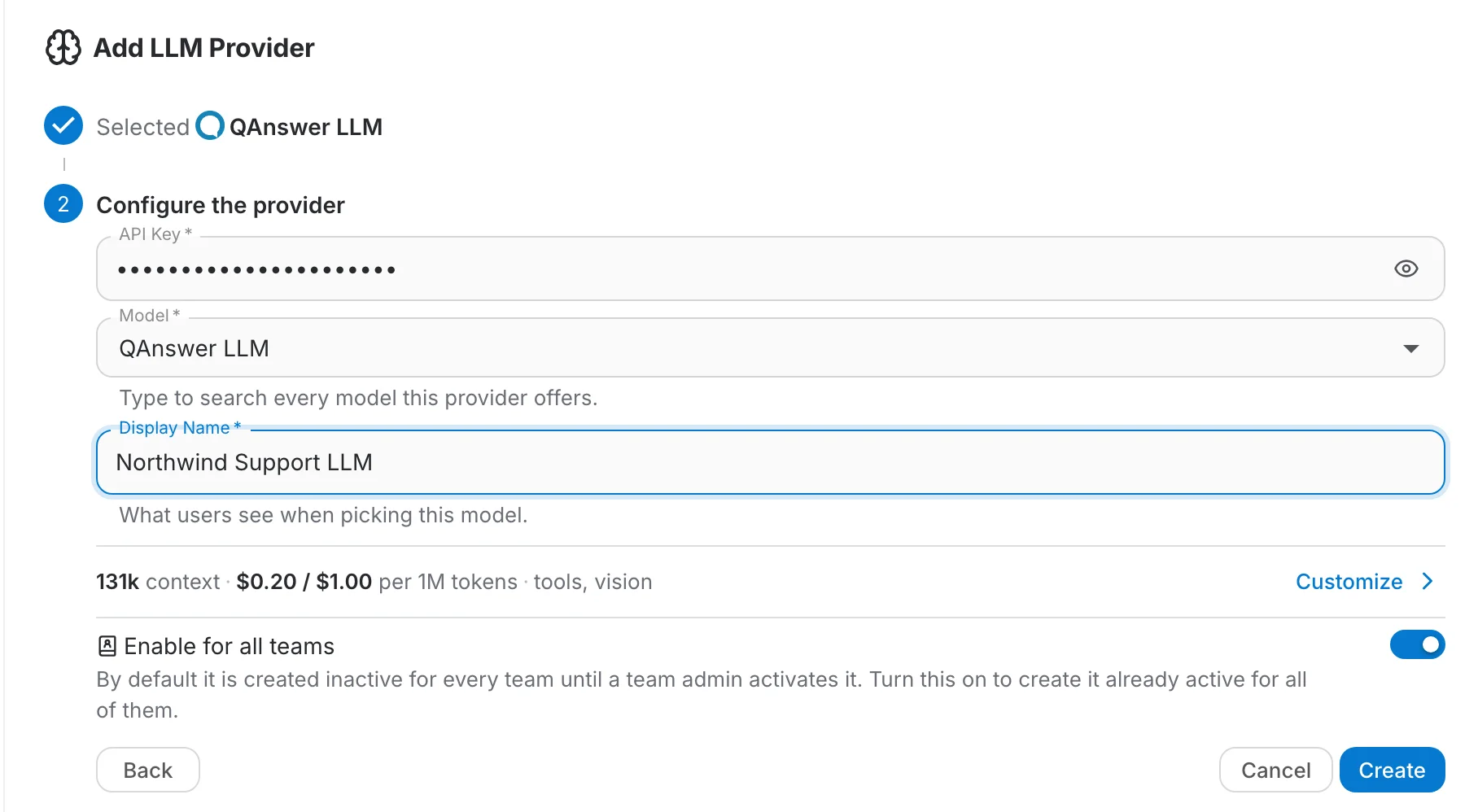 Step 2 filled in with an API key, a model, a display name and Enable for all teams on