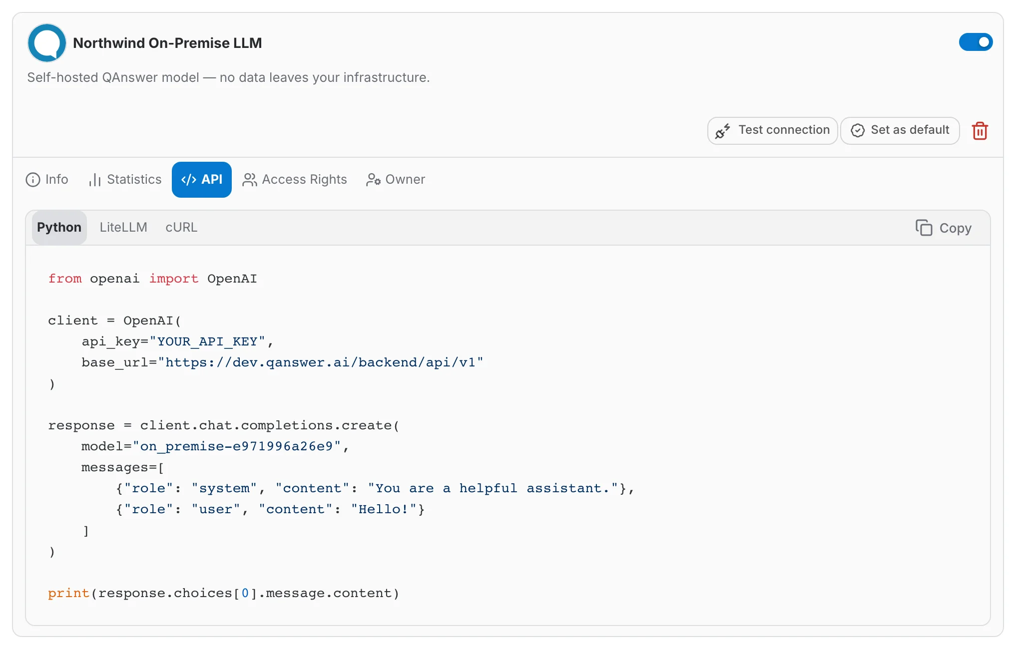 The API tab with a ready-made Python snippet