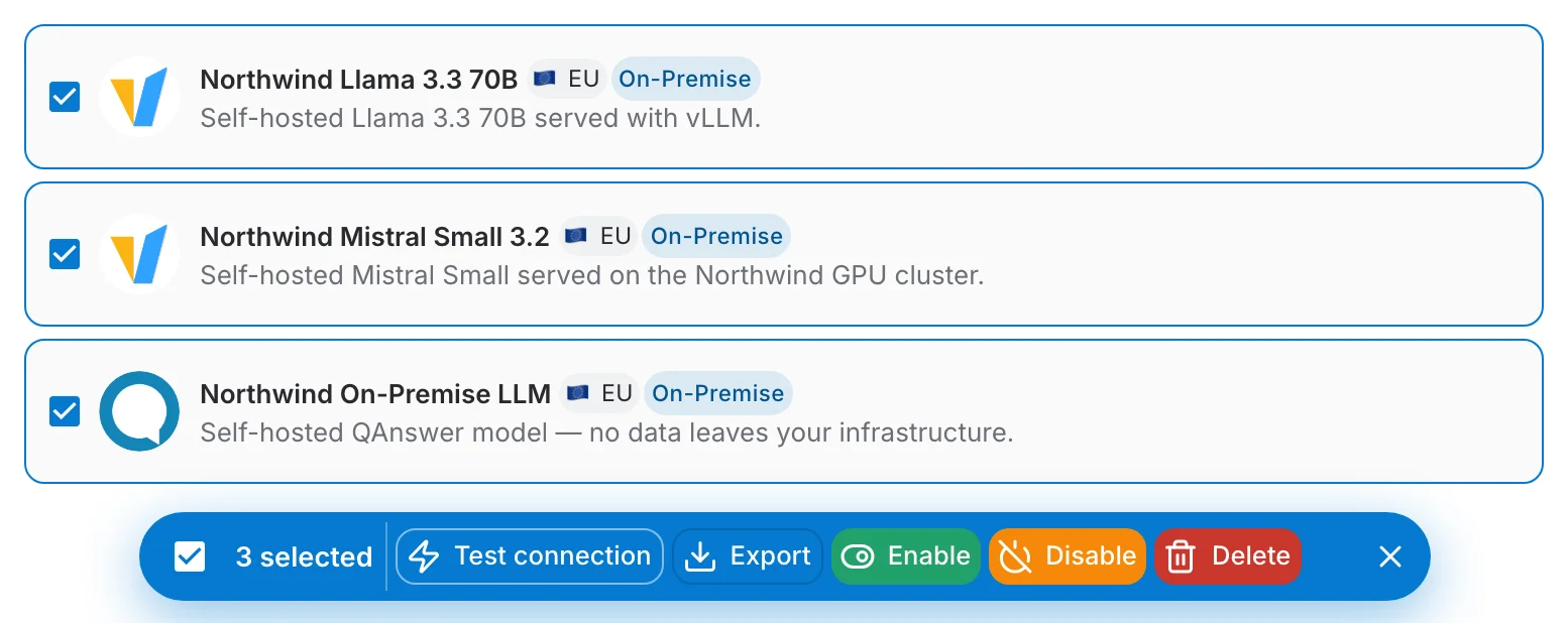 Three selected providers and the batch bar offering Test connection, Export, Enable, Disable and Delete