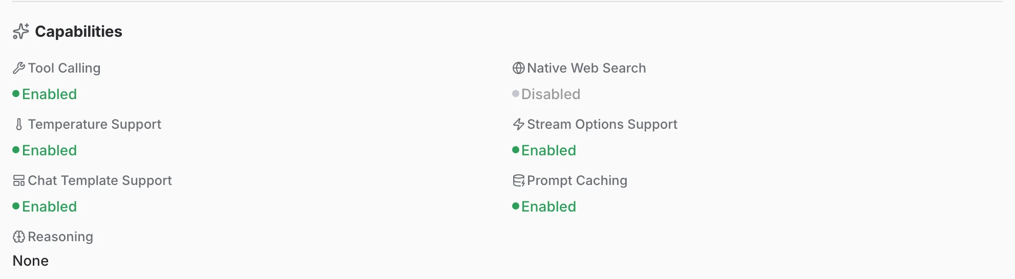 The Capabilities section of a provider