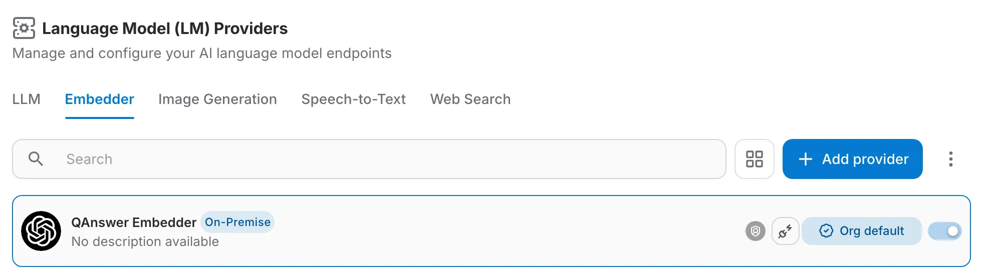 The Embedder tab, with the on-premise embedder as the organization default