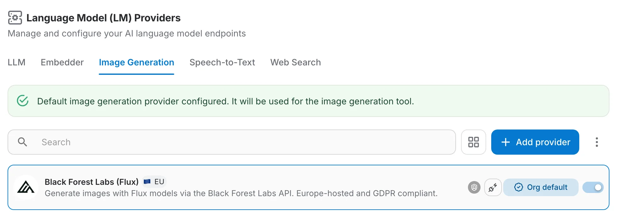 The Image Generation tab with Black Forest Labs as the organization default