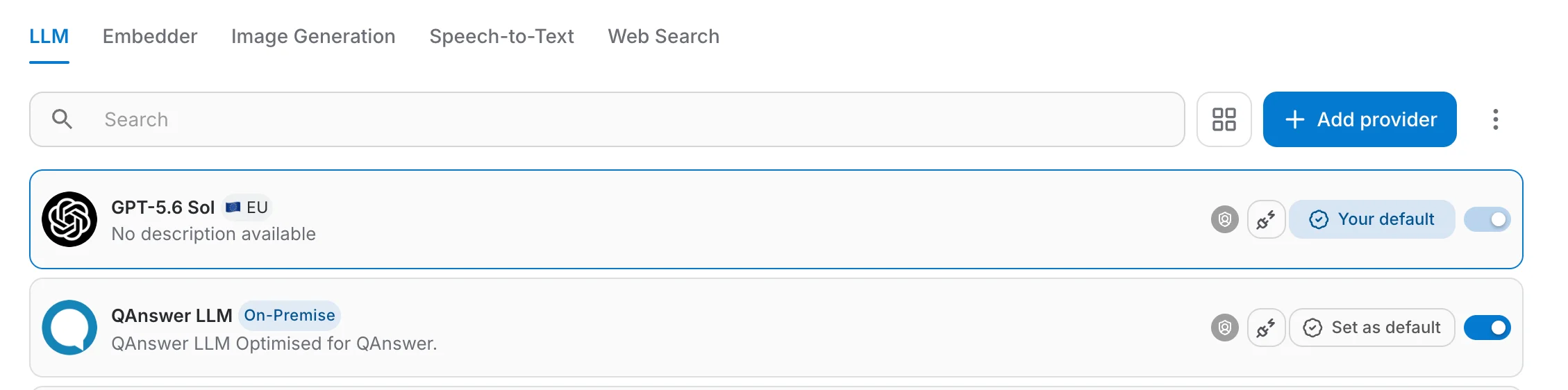 The LLM tab of the LM Providers page