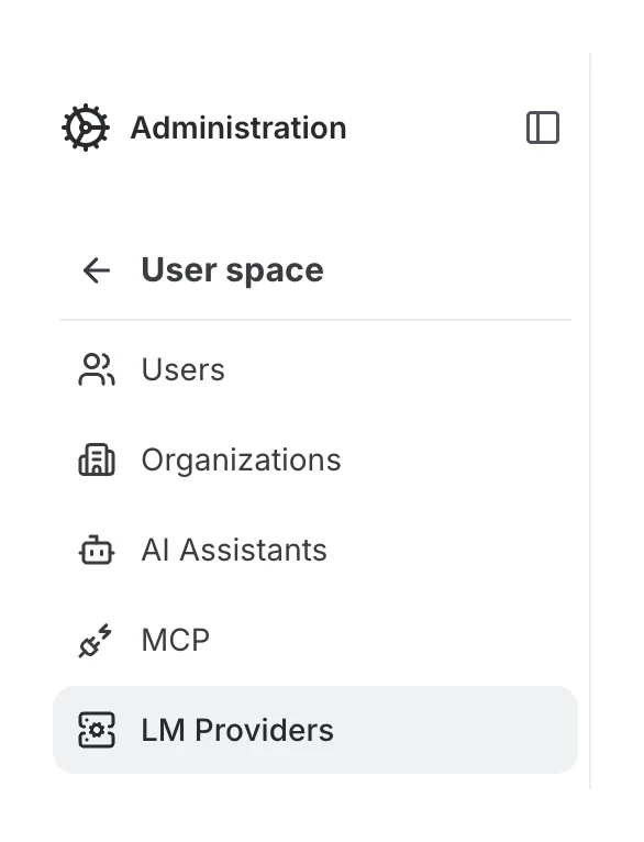 LM Providers in the admin space menu