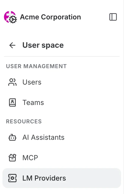 LM Providers under Resources in the organization settings menu