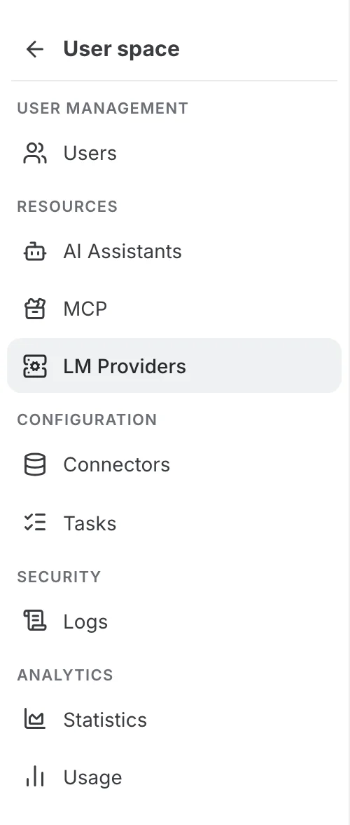 LM Providers in the team settings menu