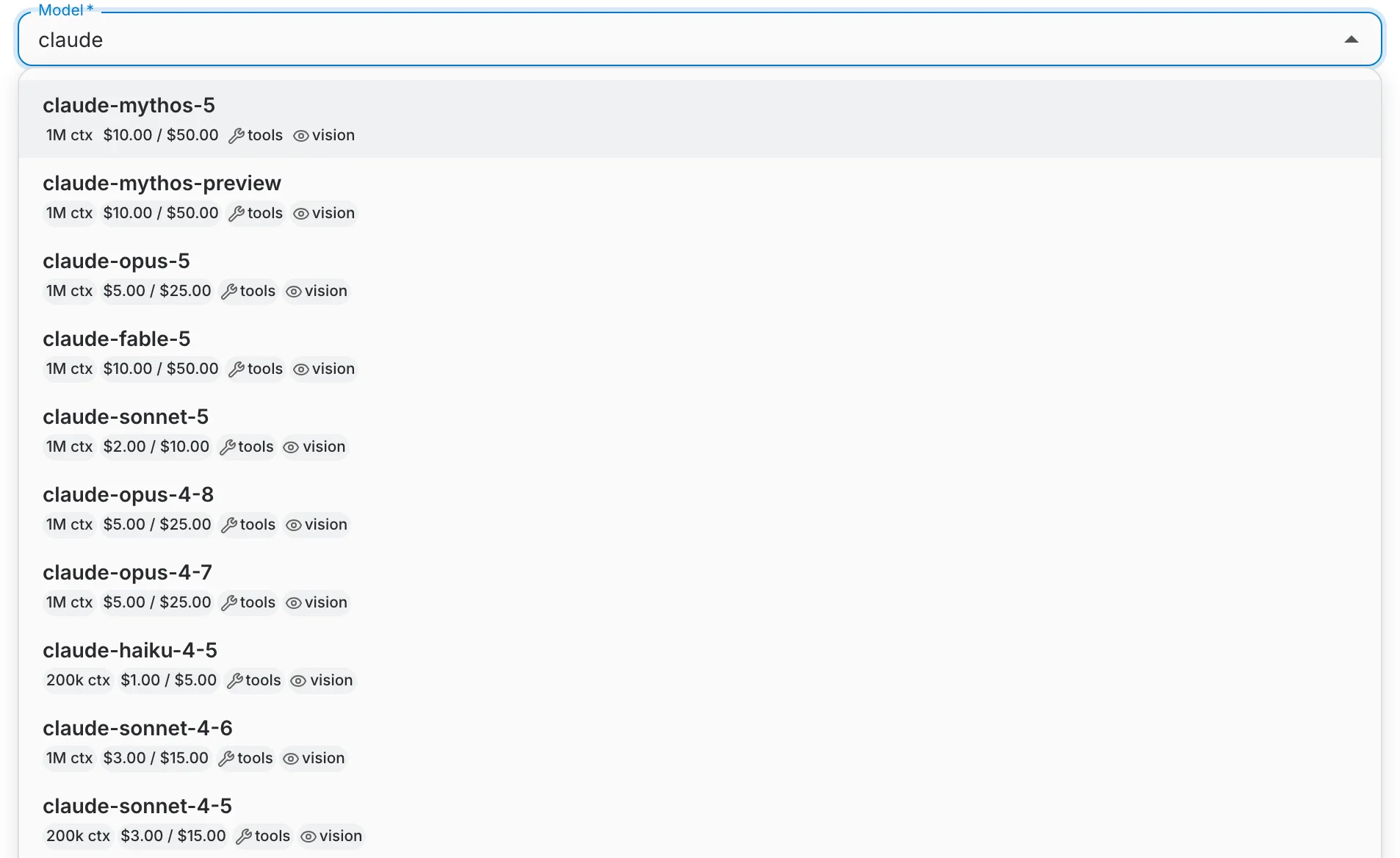 The model catalogue suggesting Claude models with context window and price