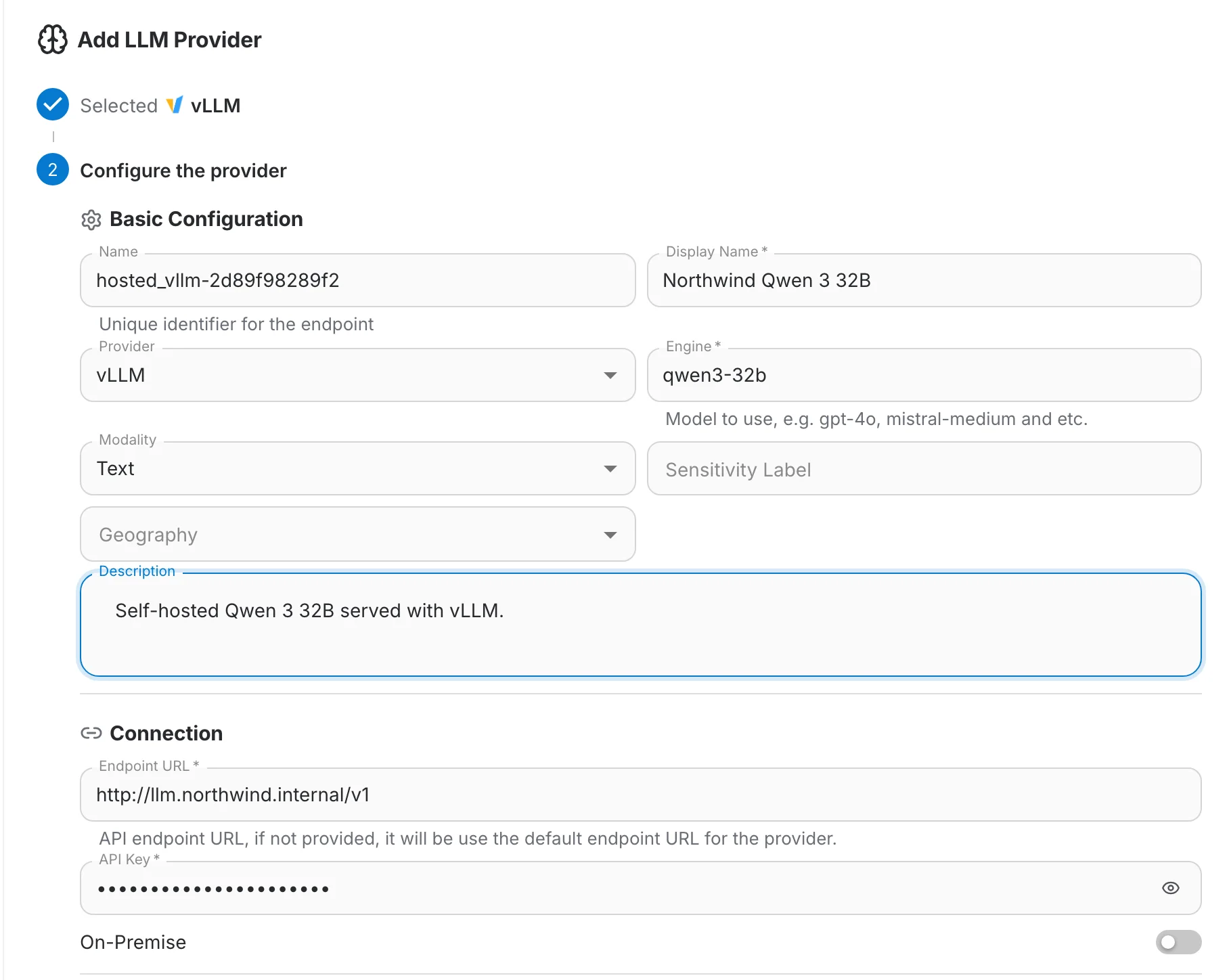 The custom endpoint form with a self-hosted base URL and a model name typed in