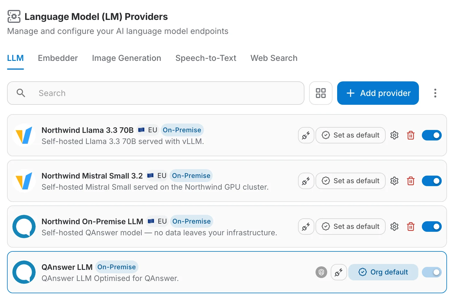 The LM Providers page on the LLM tab