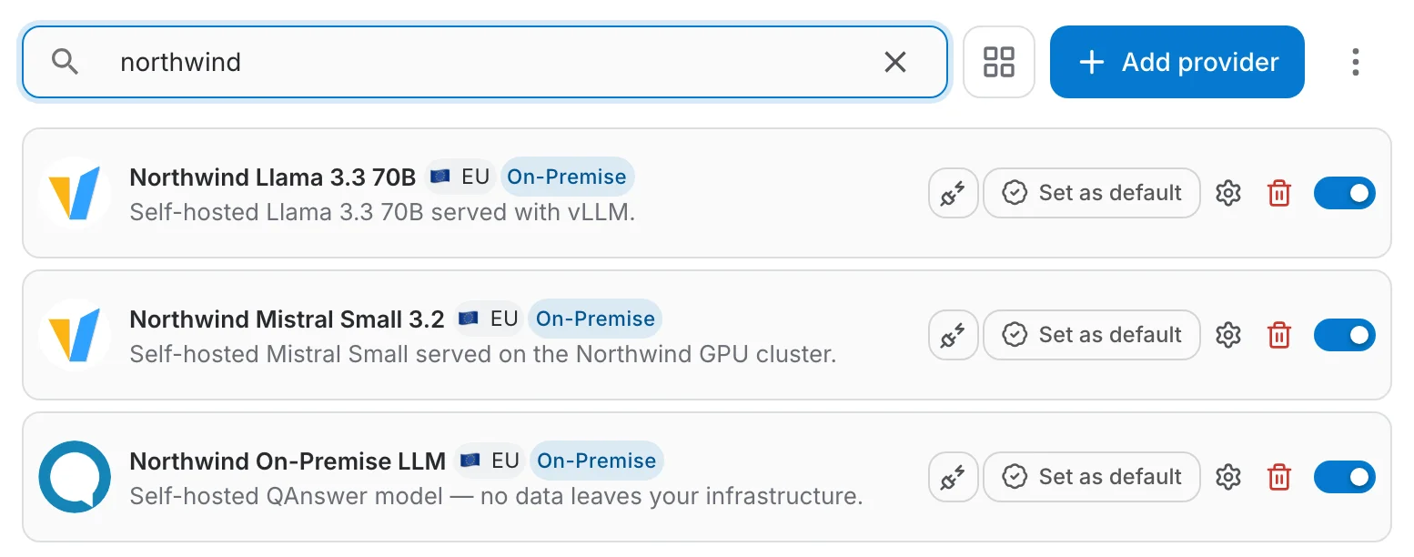 Searching for northwind narrows the provider list to the organization's own models
