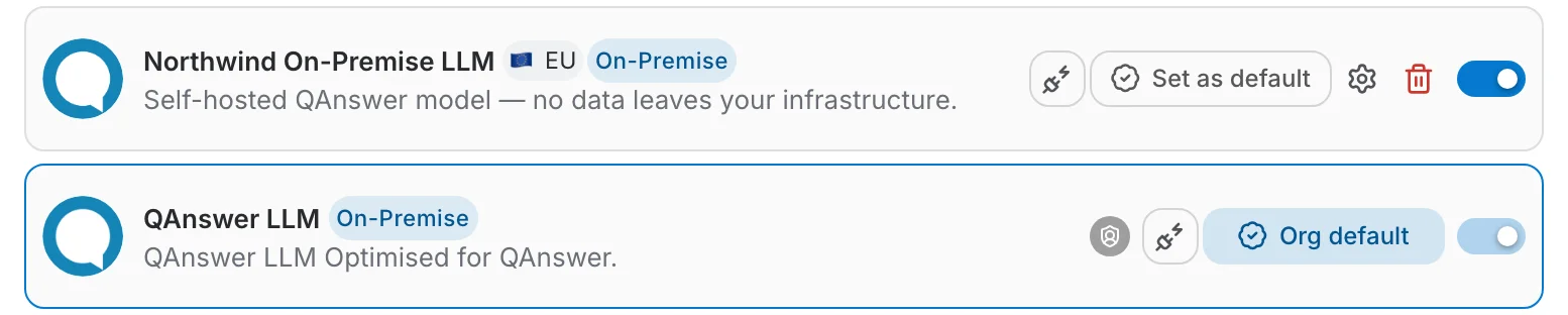 The Org default chip on one provider and Set as default on another