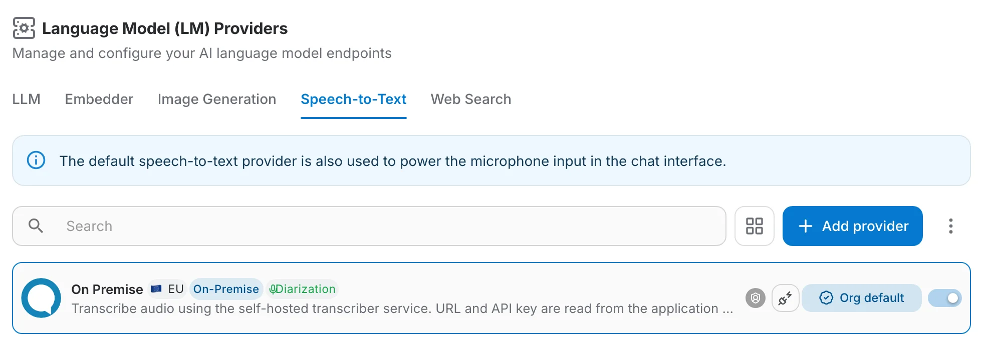 The Speech-to-Text tab with the on-premise transcriber as the organization default