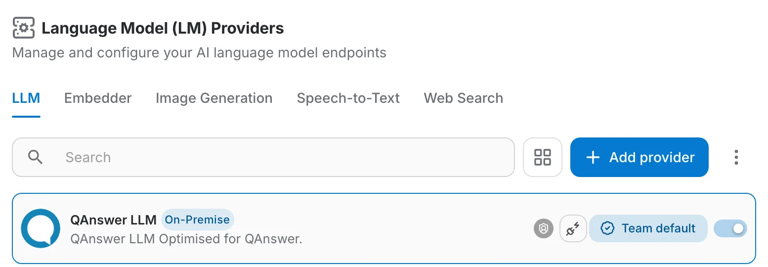the LM Providers page of a team, with the team default marked on the first provider