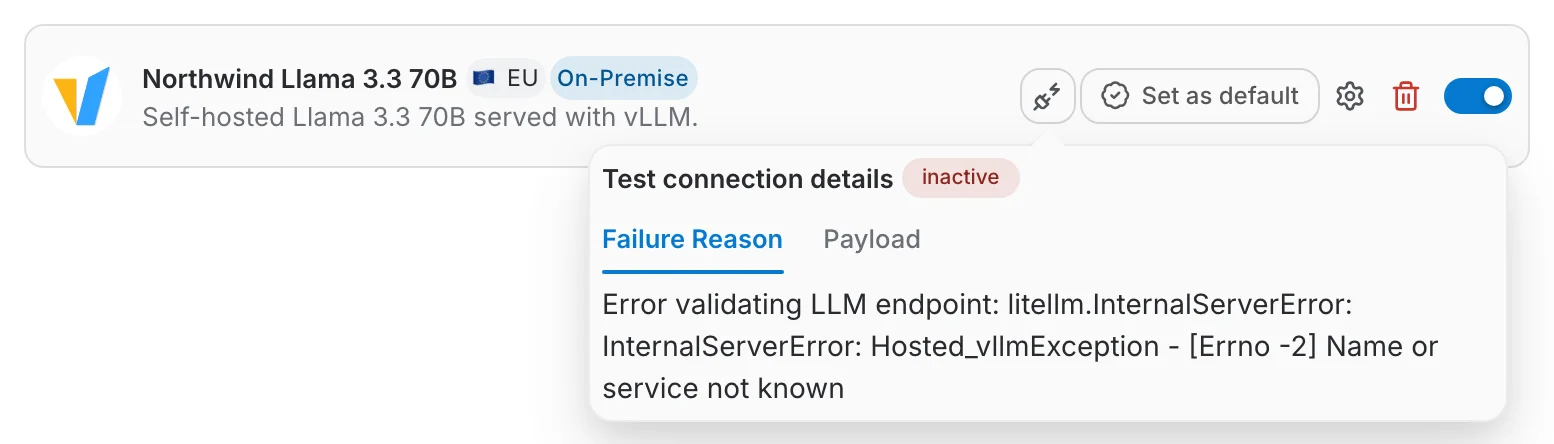Test connection details showing the error returned by the provider