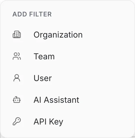 The Filter menu offering Organization, Team, User, AI Assistant and API Key
