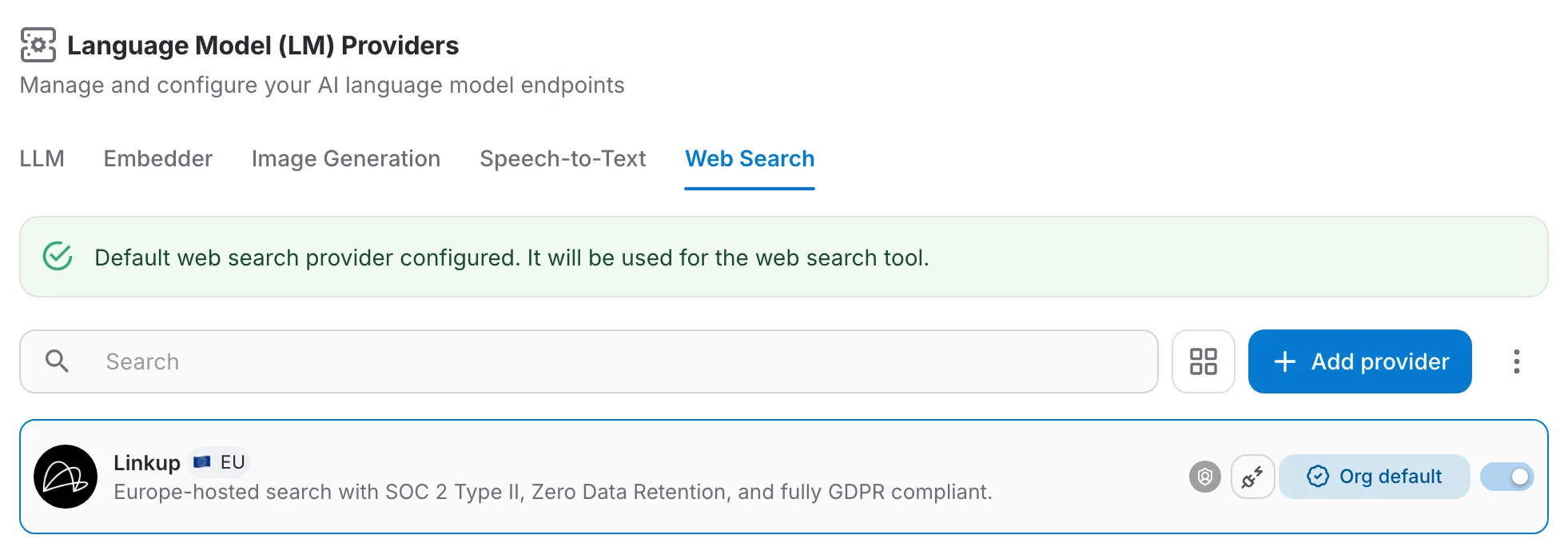 The Web Search tab with Linkup as the organization default