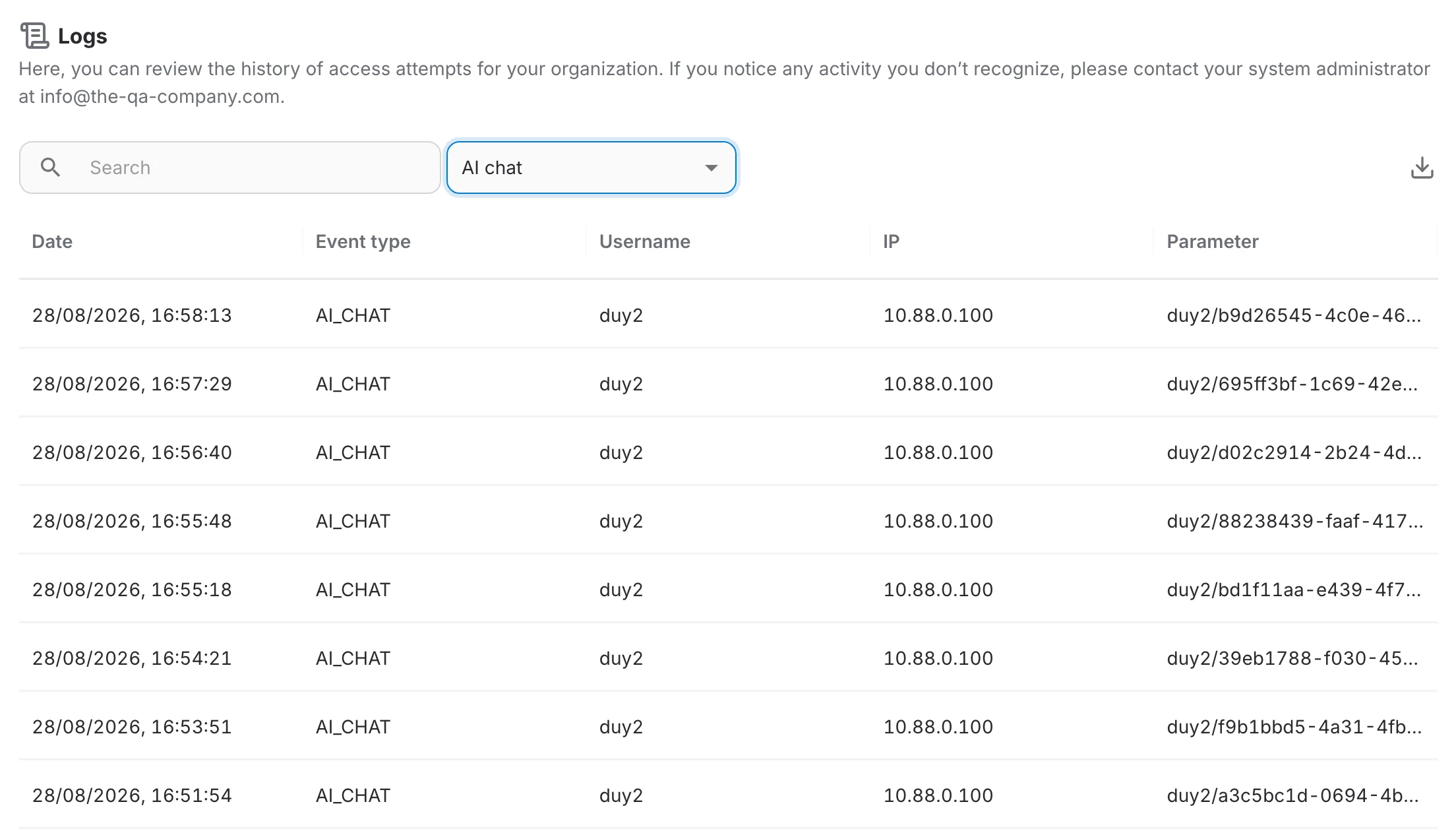 Logs filtered on AI chat events, with the assistant identifier in the Parameter column