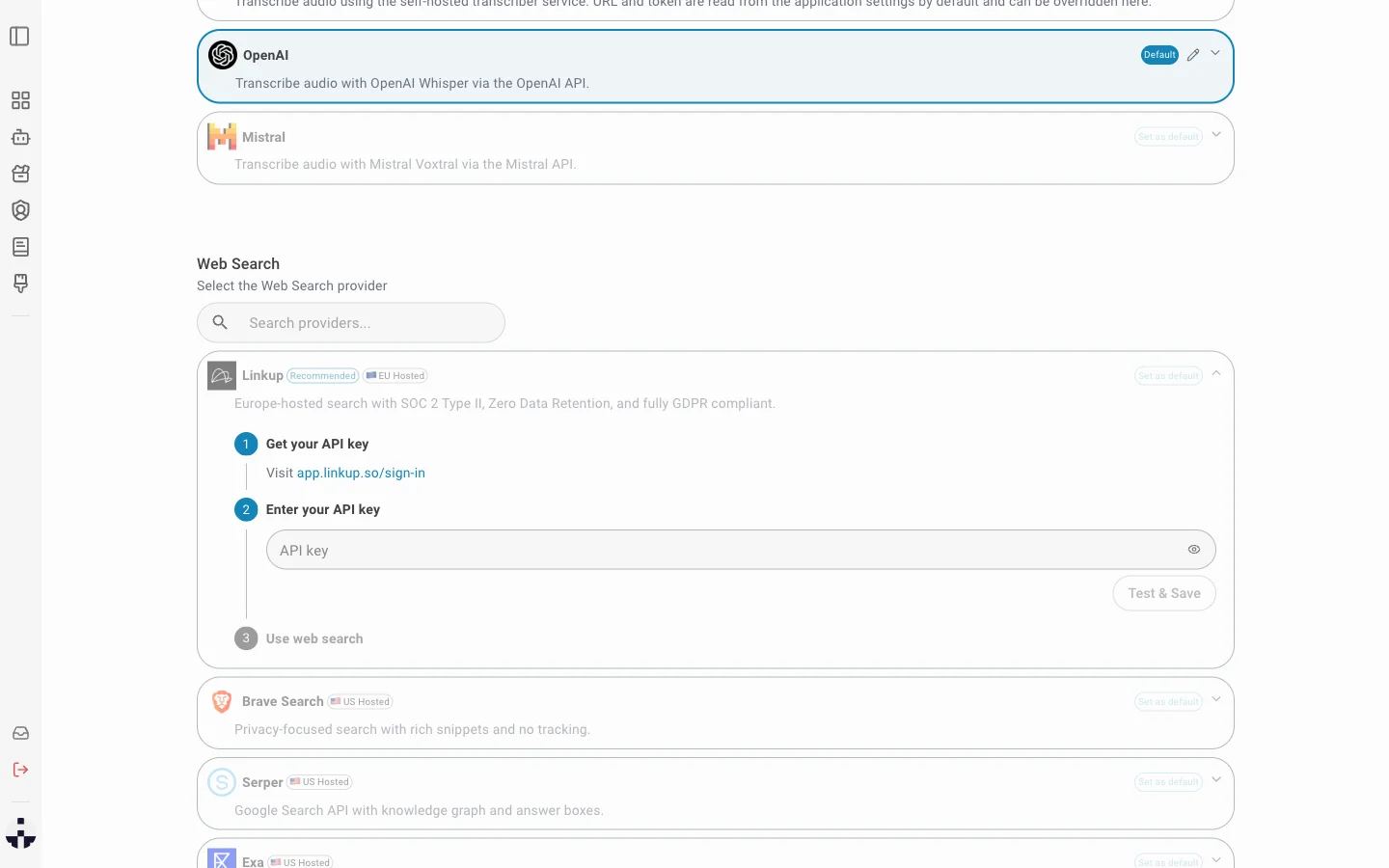Provider card expanded with setup steps