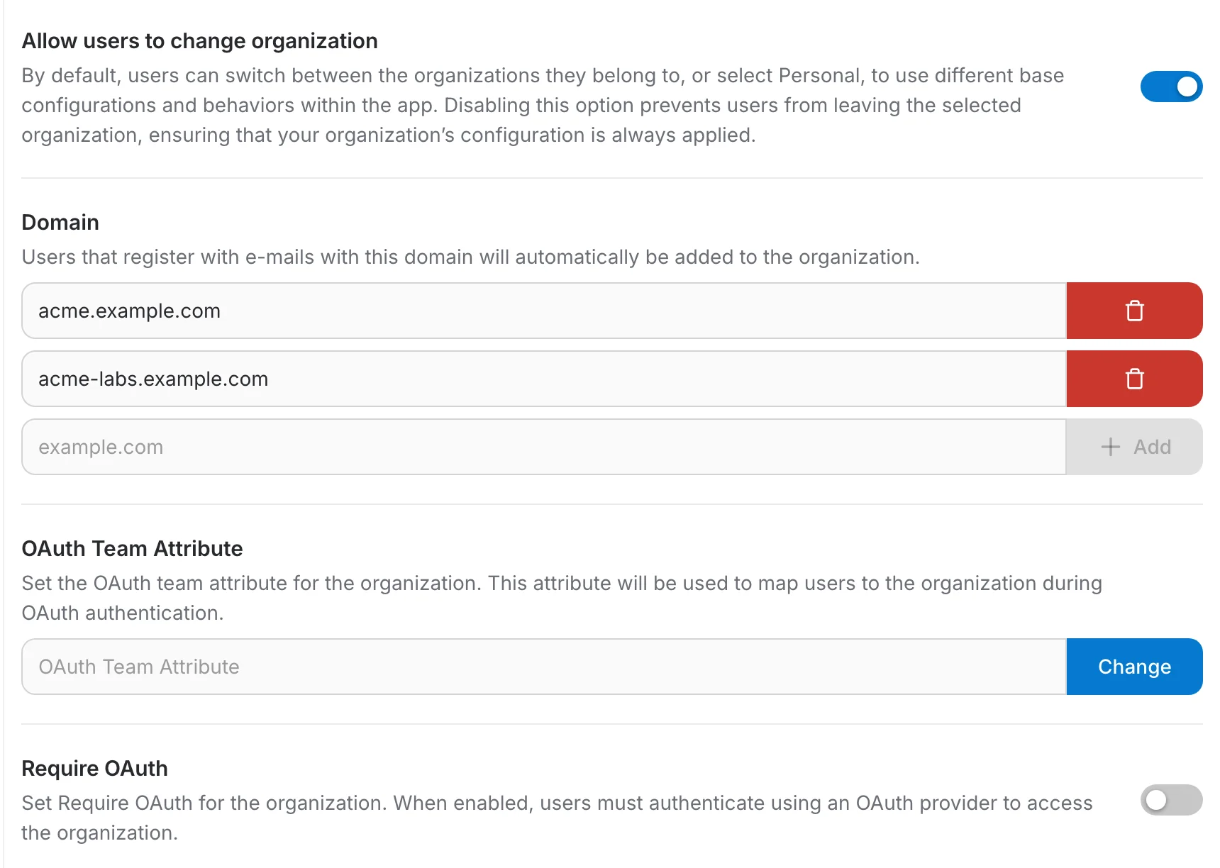 The Access page: allow users to change organization, domain list, OAuth team attribute and require OAuth