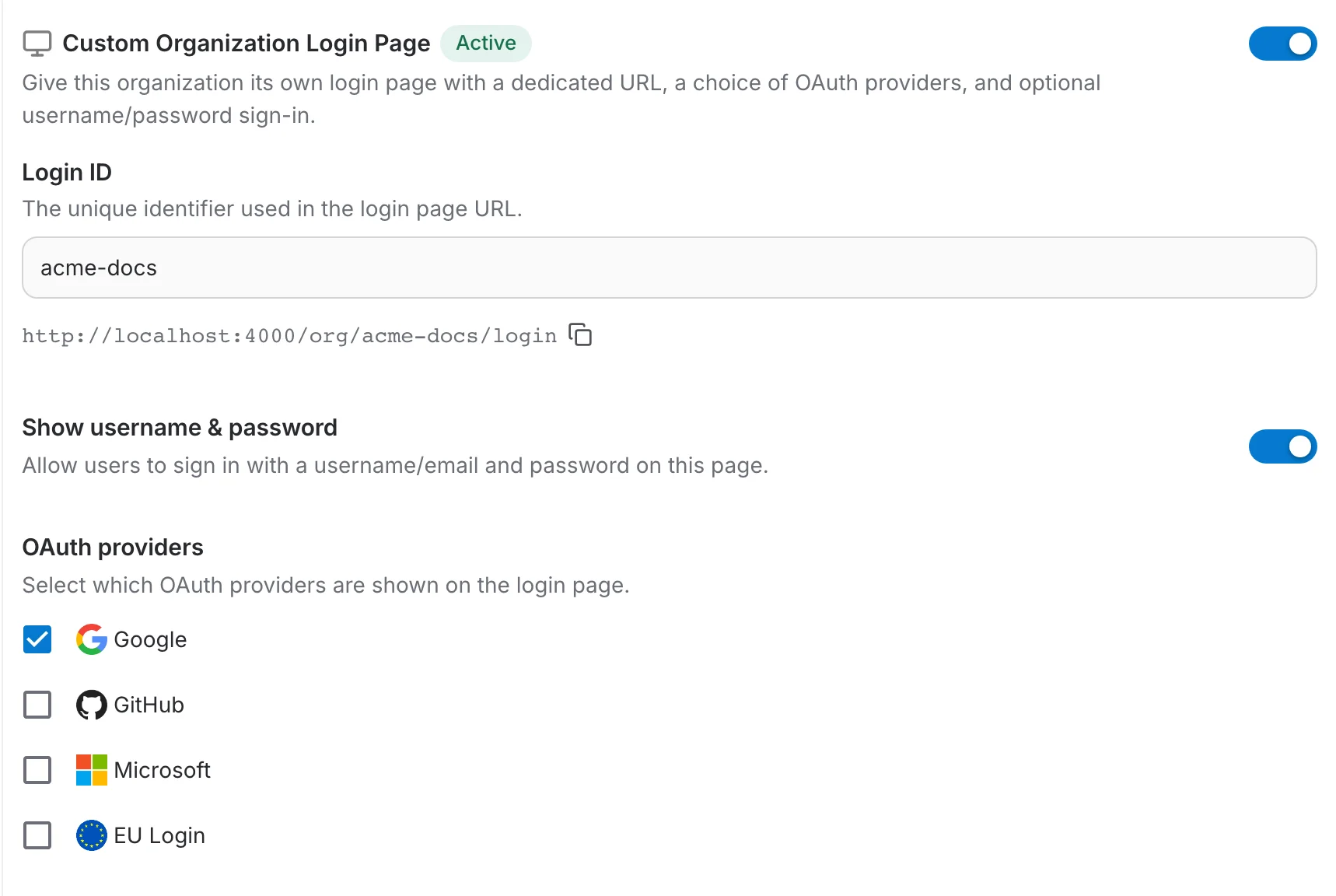 Custom Organization Login Page section, active, with a login ID, the generated URL and the provider selection