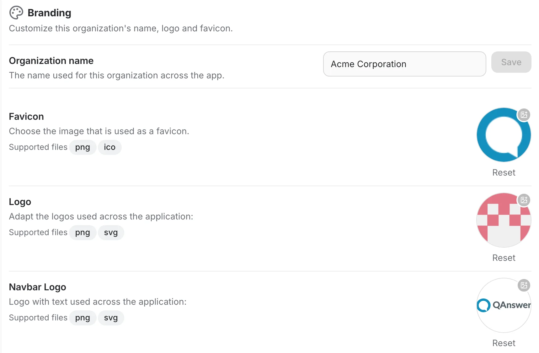 The organization Branding page: organization name, favicon, logo and navbar logo