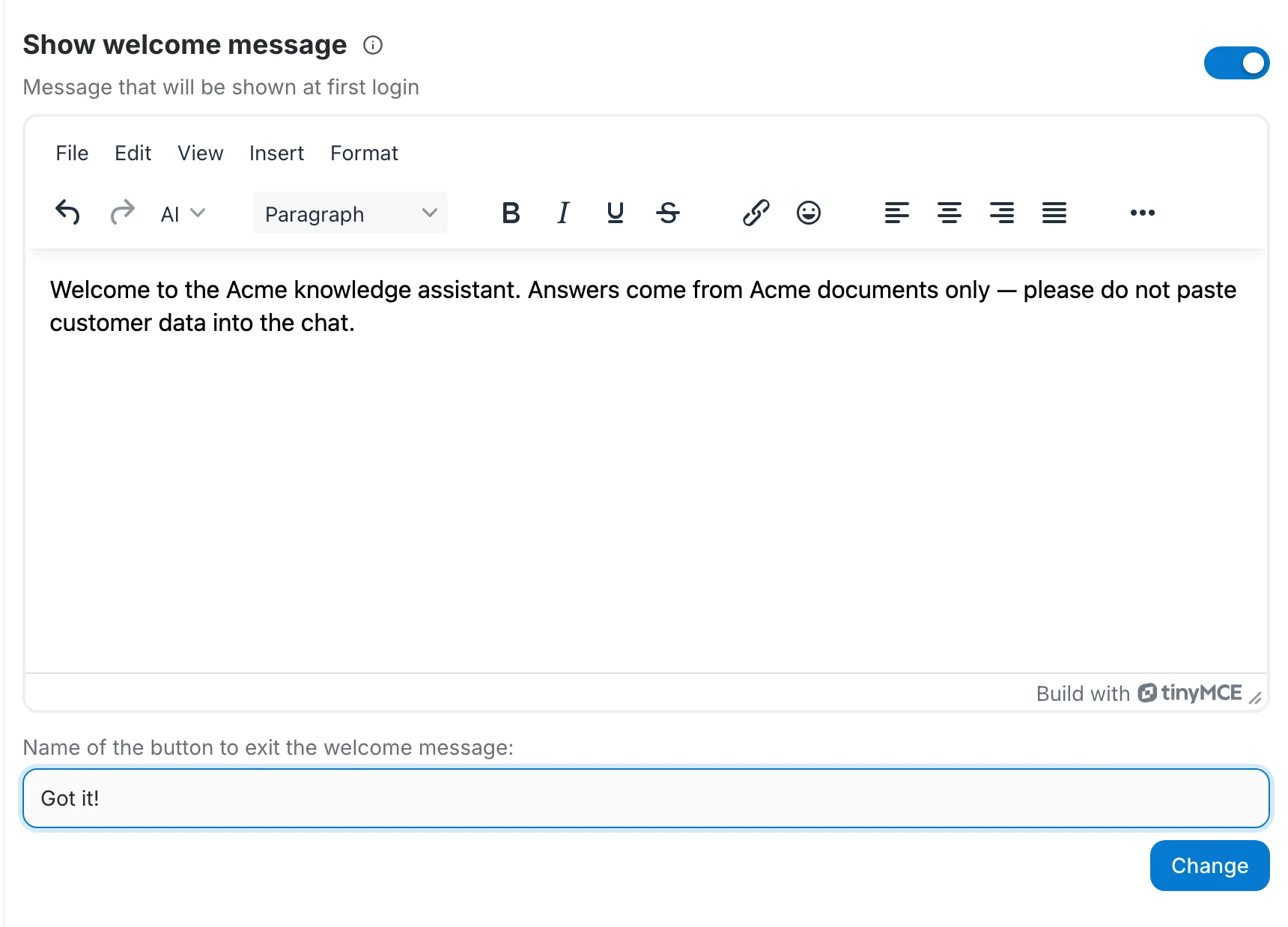 The welcome message section switched on, with the rich-text editor and the exit button label