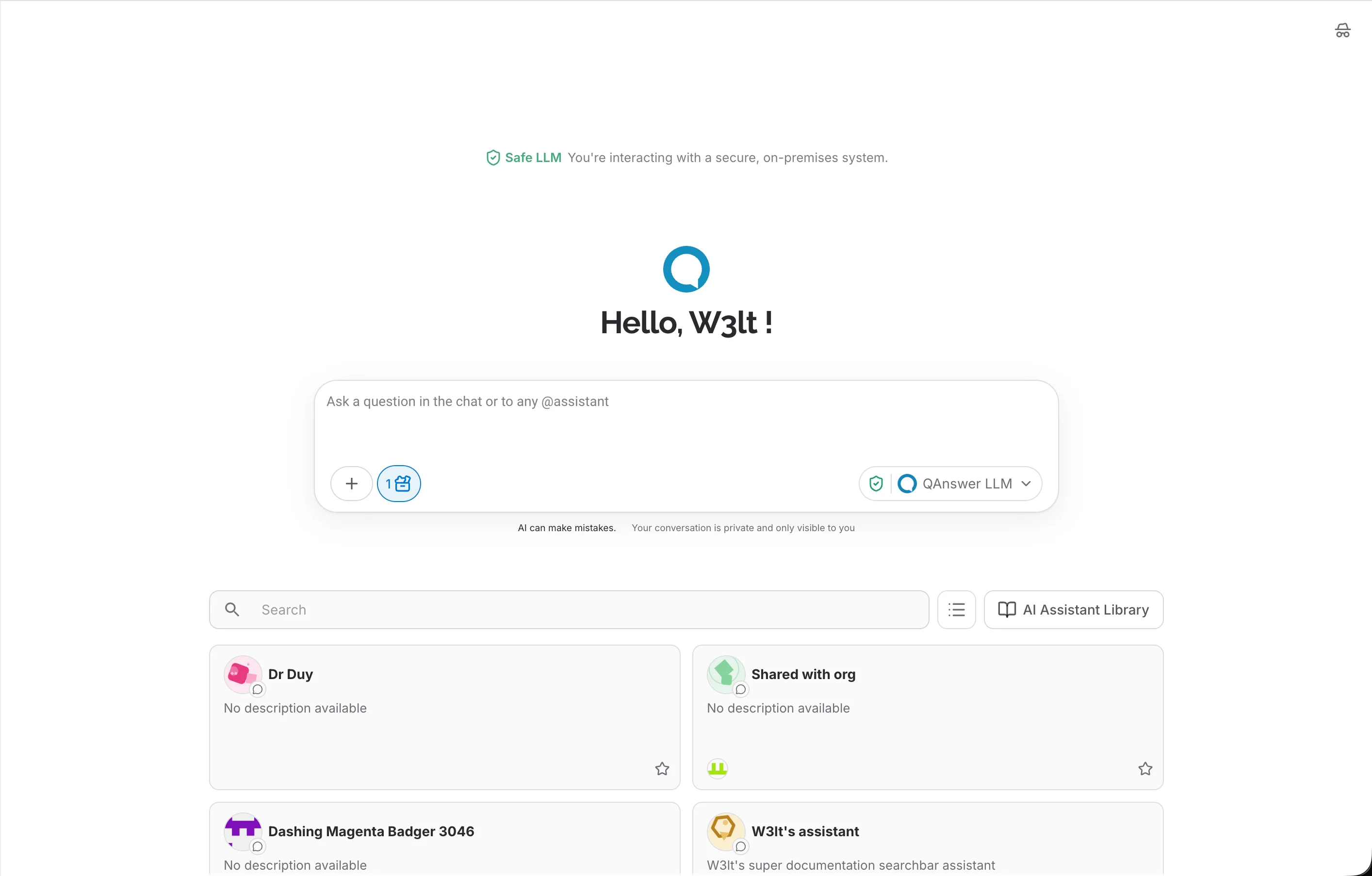 Chat welcome screen with AI Assistants on — grid below the composer