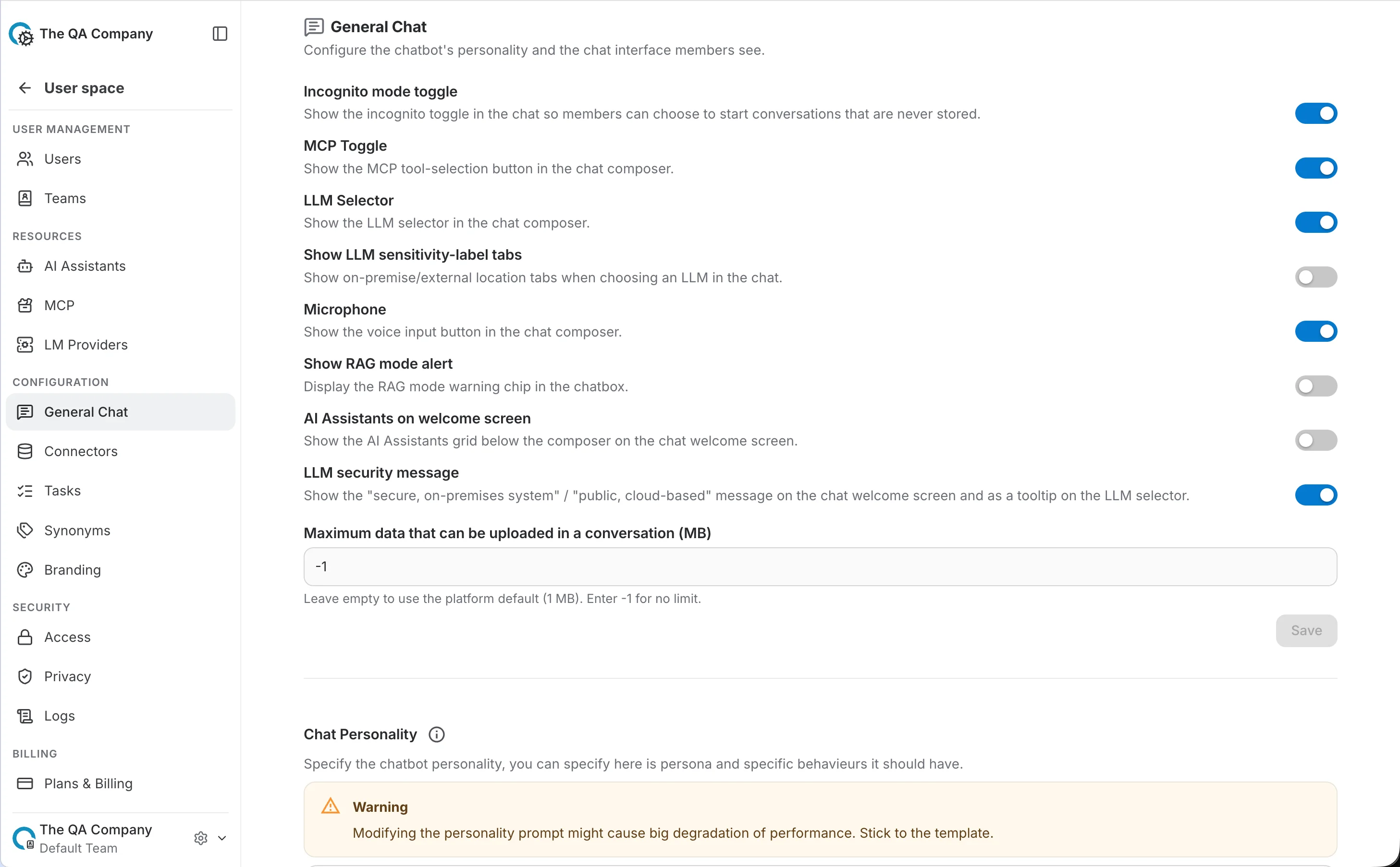 Chatbot page — Chat Interface toggles and Chat Personality