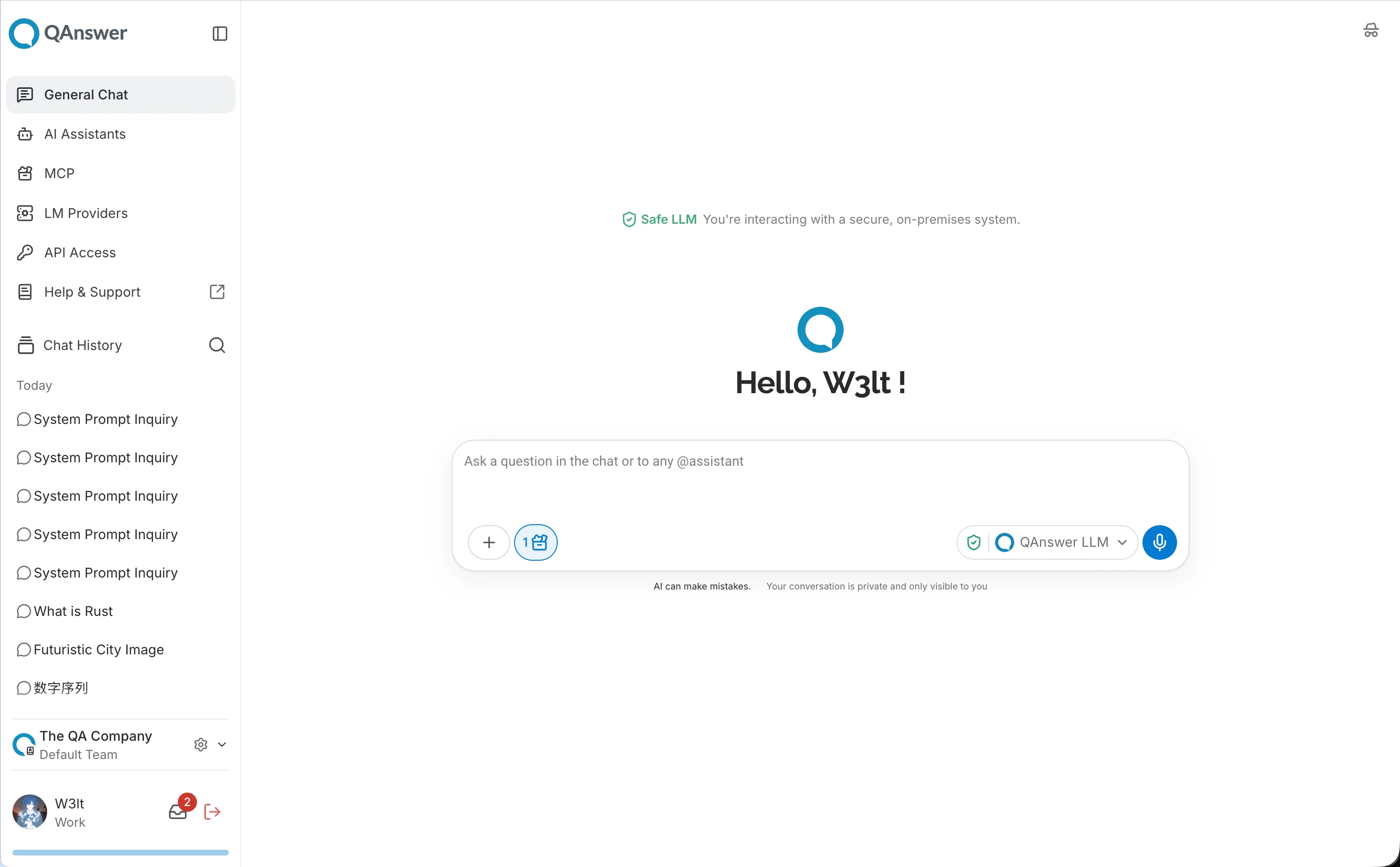 Full chat interface showing the composer, toggles, and welcome screen