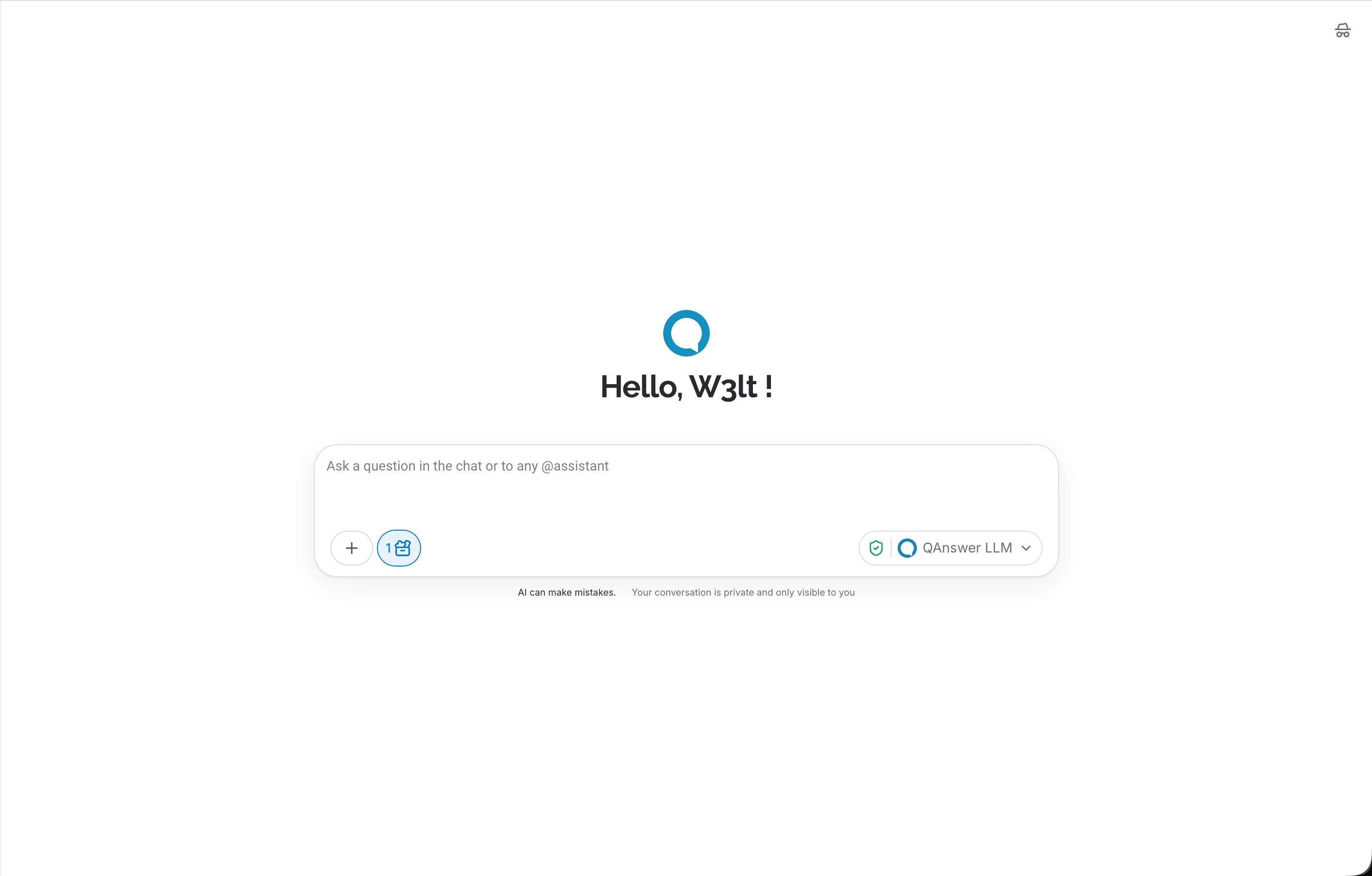 Chat welcome screen with LLM security message off — no banner