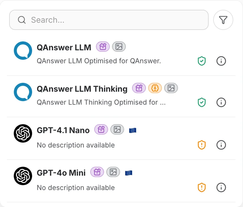 LLM selector popover with sensitivity tabs off — LLMs listed flat