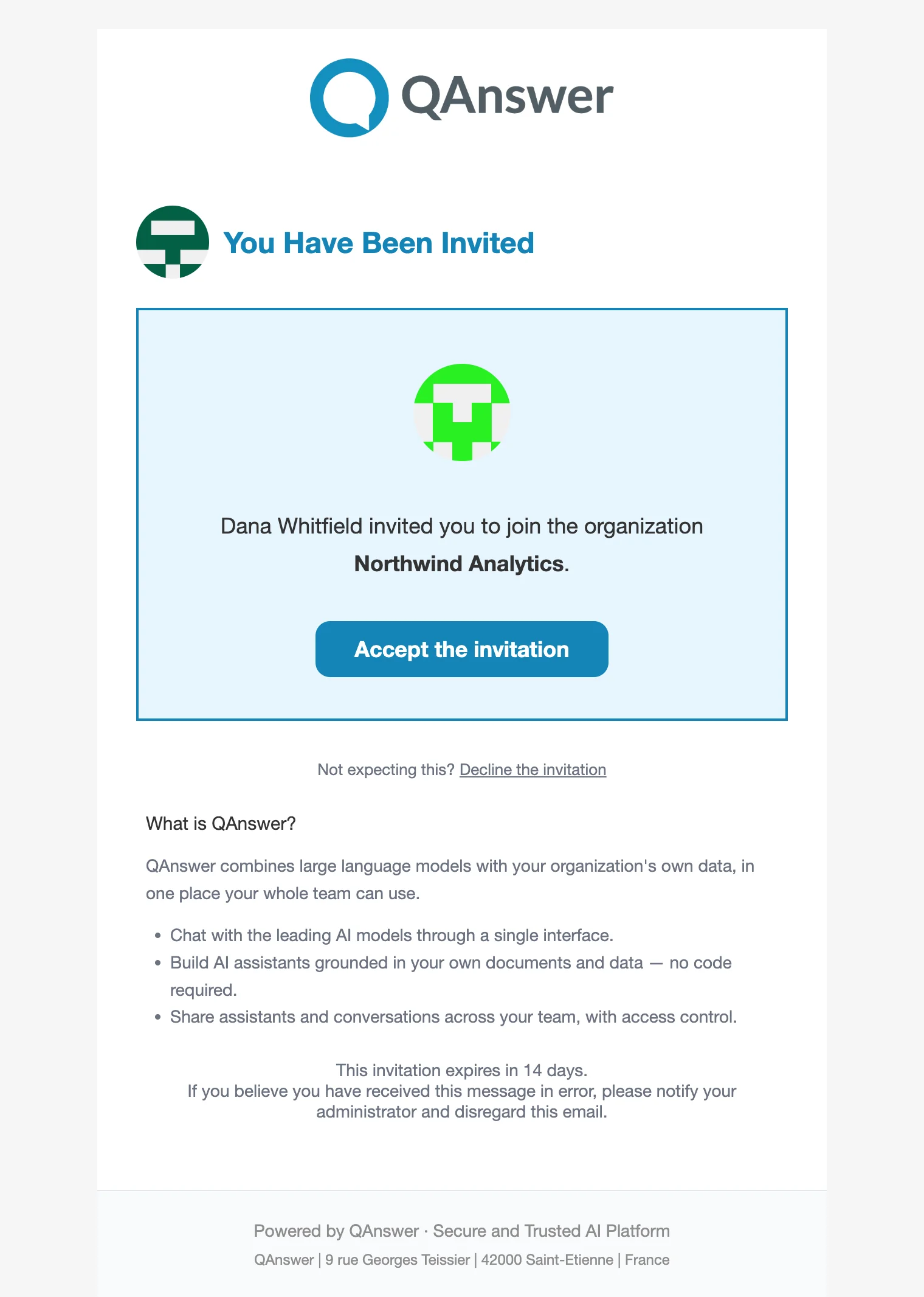 the invitation e-mail, with its Accept the invitation button