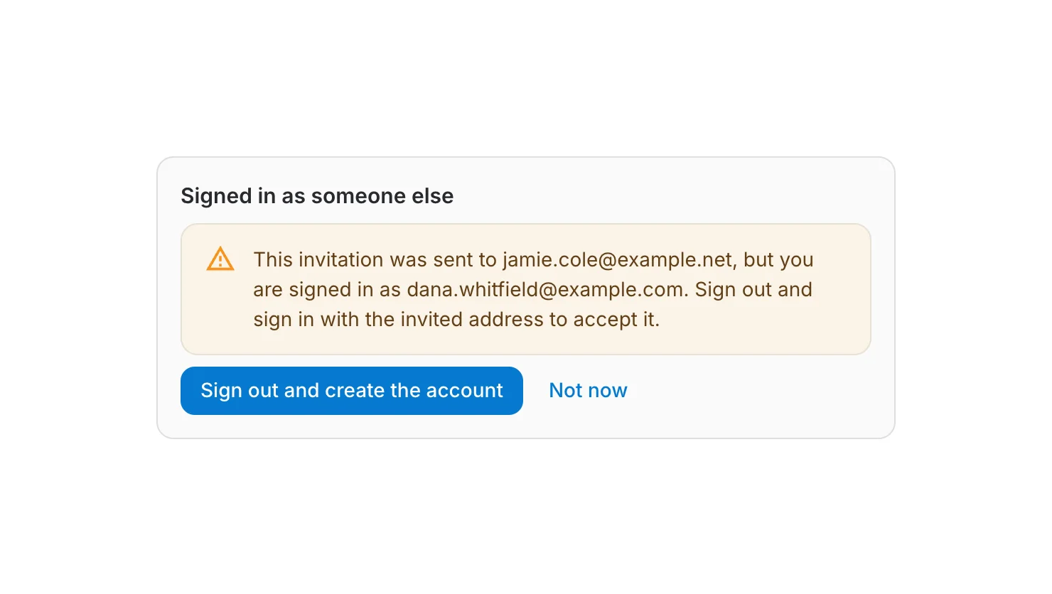 the invitation page telling the visitor they are signed in as a different account