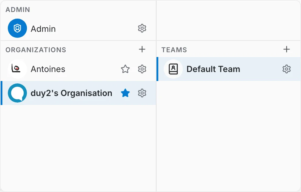workspace selector open, with the teams of the selected organization listed on the right