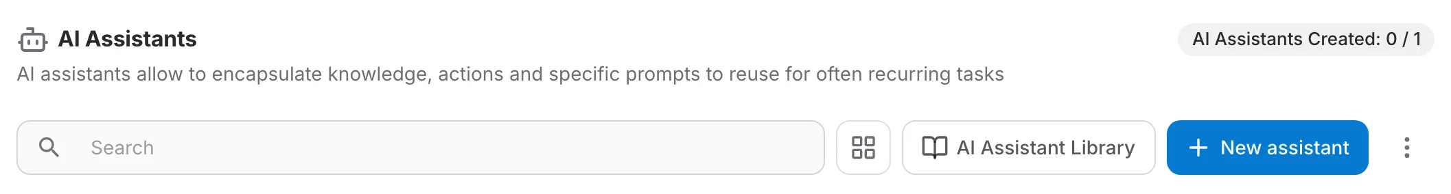 the team's AI Assistants page: the assistant counter, the search field, the view toggle, AI Assistant Library, New assistant and the overflow menu