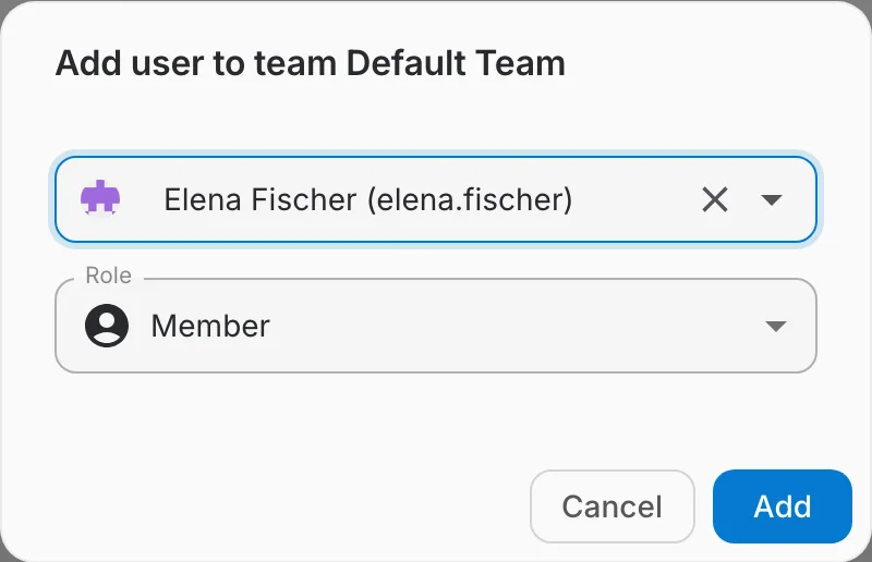 the Add user to team dialog with a user selected and the Role select set to Member