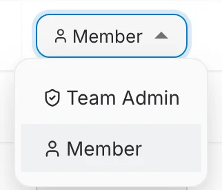 the Team role dropdown of a member row, open on Team Admin and Member