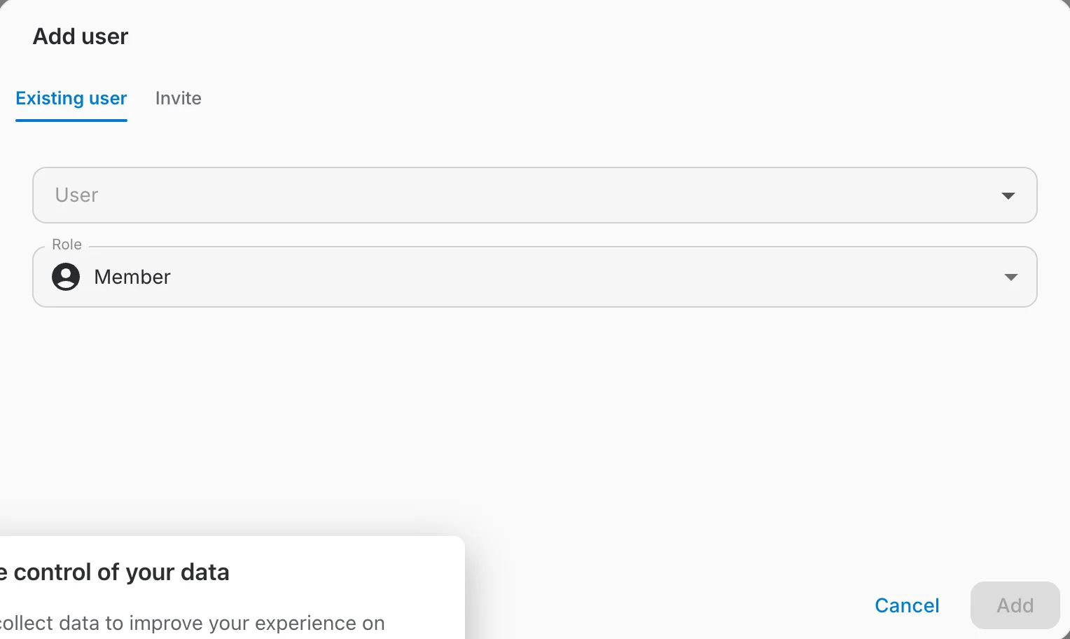 the Existing user tab of a team's Add user dialog